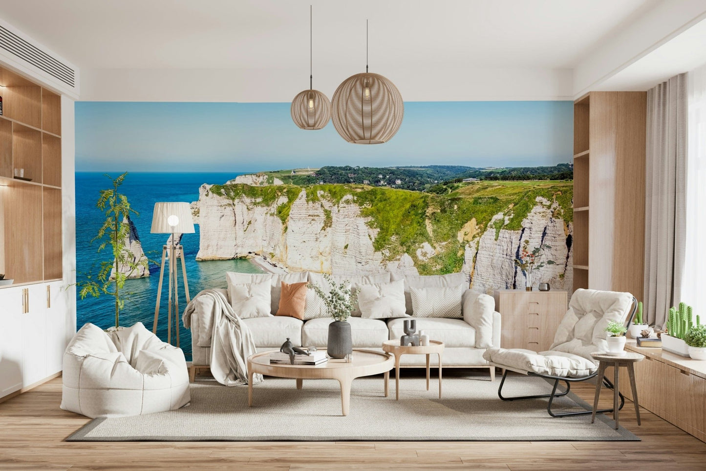 The corner seating area feels lighter with Chalk Cliffs Vista Wall Mural and cliff-top views