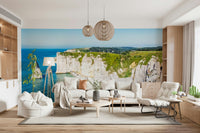 The corner seating area feels lighter with Chalk Cliffs Vista Wall Mural and cliff-top views