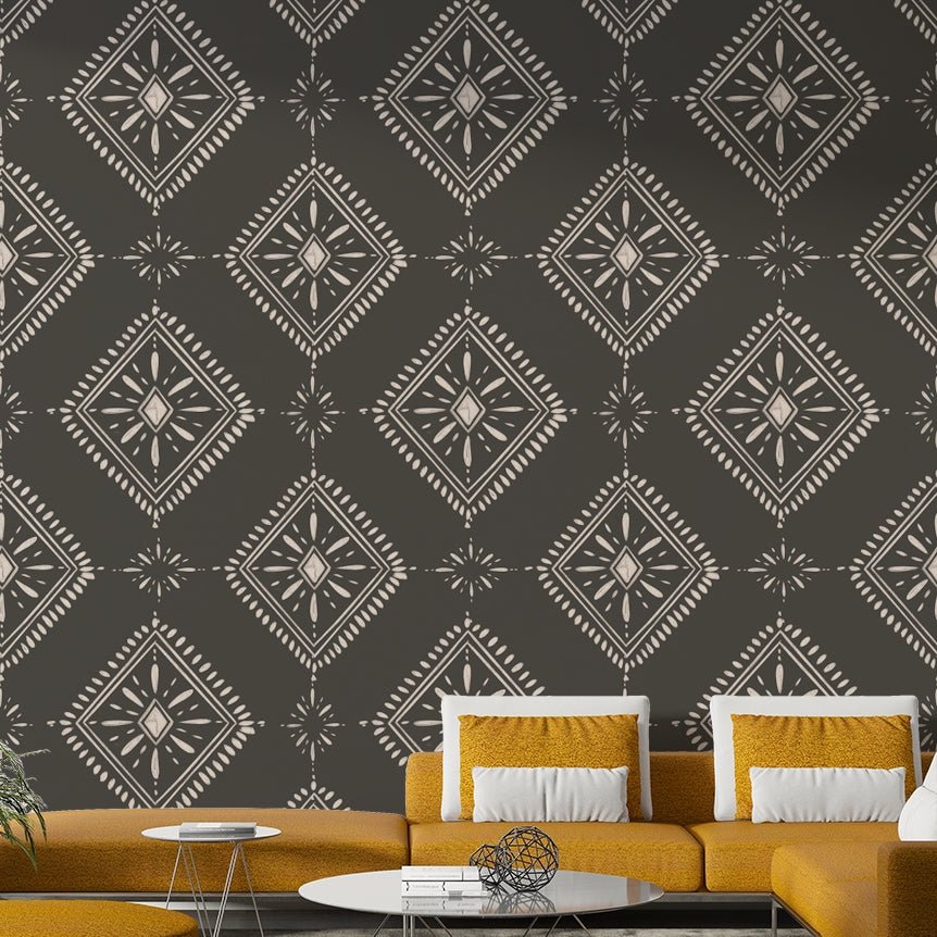 Wallcovering featuring charcoal and light diamonds

