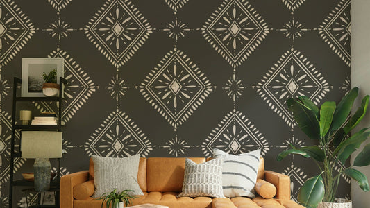 Bedroom decorated with chic diamond wallpaper

