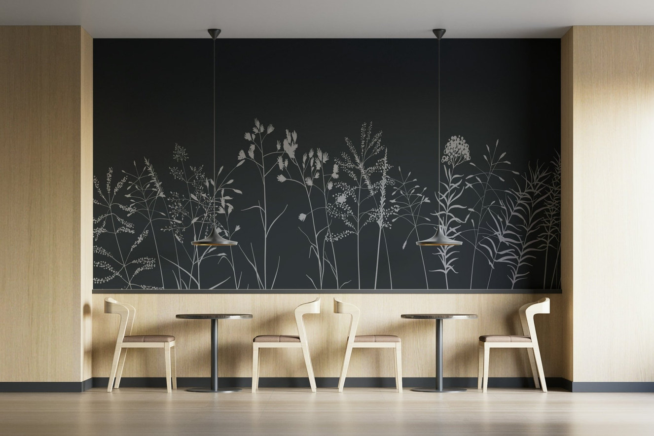A wall mural of a peaceful floral pattern.

