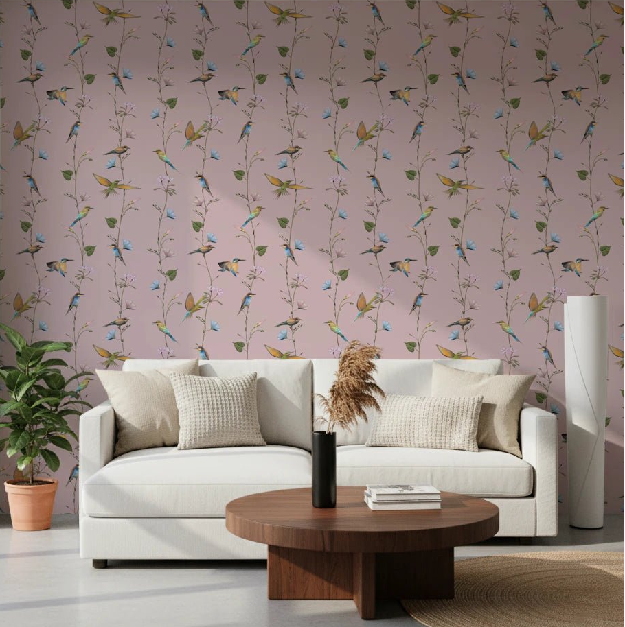 Soft seating feels calmer against Charming Birds and Wildflowers Wallpaper in this lounge, GD8658