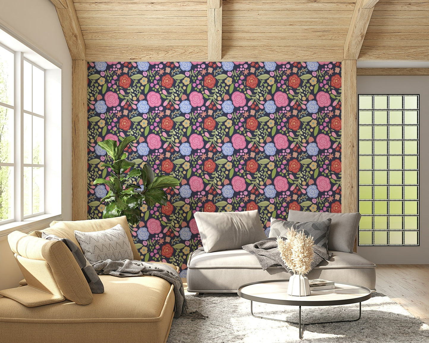 A peaceful flower design mural on decorative wallpaper.
