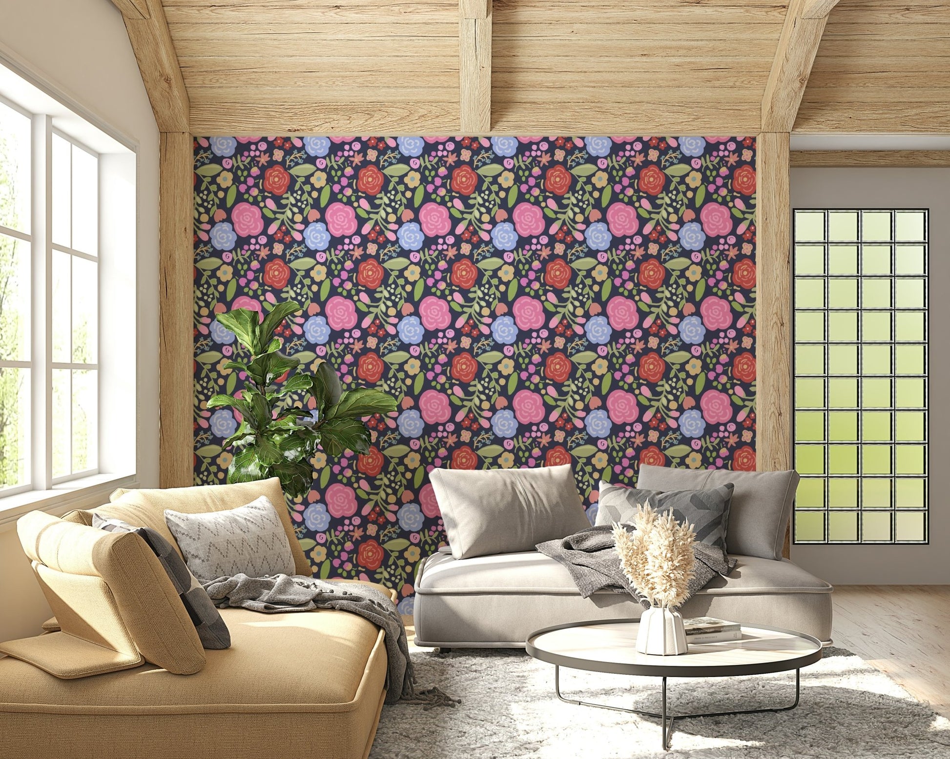 A peaceful flower design mural on decorative wallpaper.
