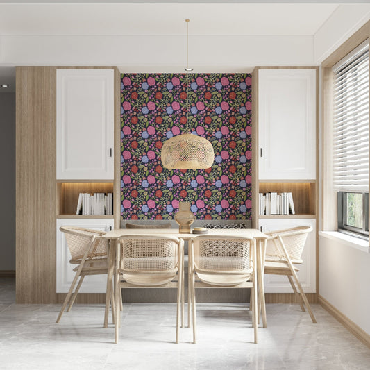 A beautiful charming floral wallpaper mural with vibrant spring bloom flowers.