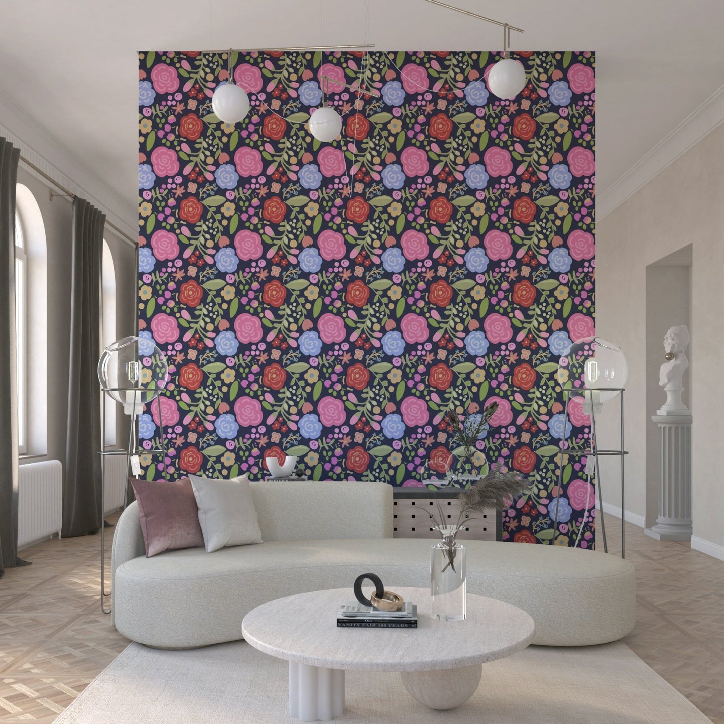 A calming floral design wallpaper mural that defines a space.