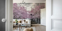 Serene mural of a walkway under blooming sakura canopies.

