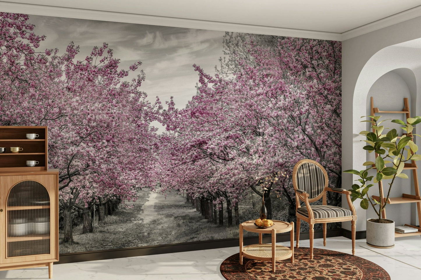 Peaceful mural of pink blossoms arching over a quiet pathway.

