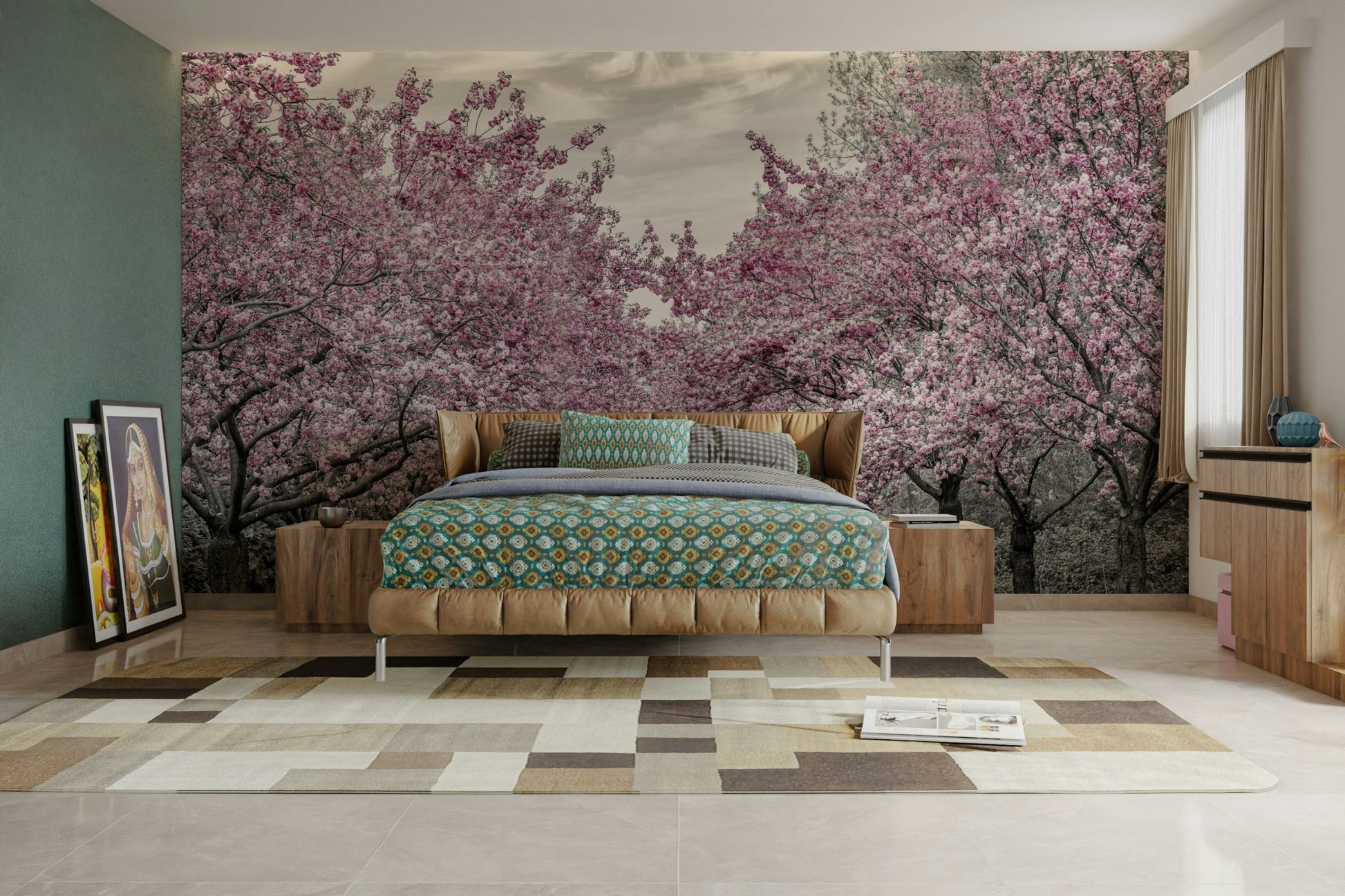 Artistic wall design of a cherry-lined path in springtime.

