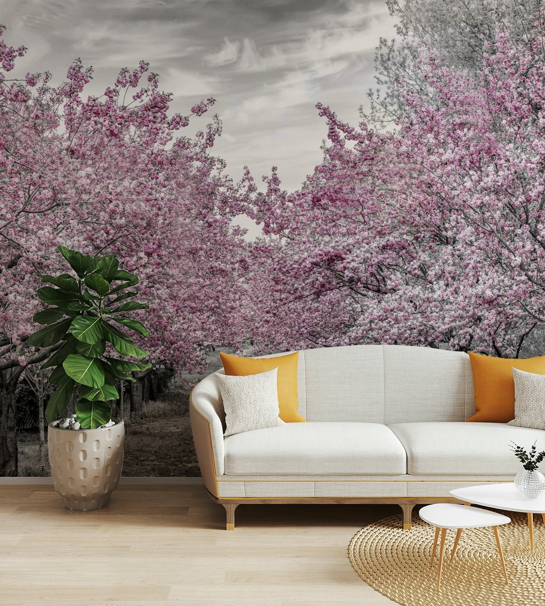 Spring-themed mural showing a floral tunnel of cherry trees.

