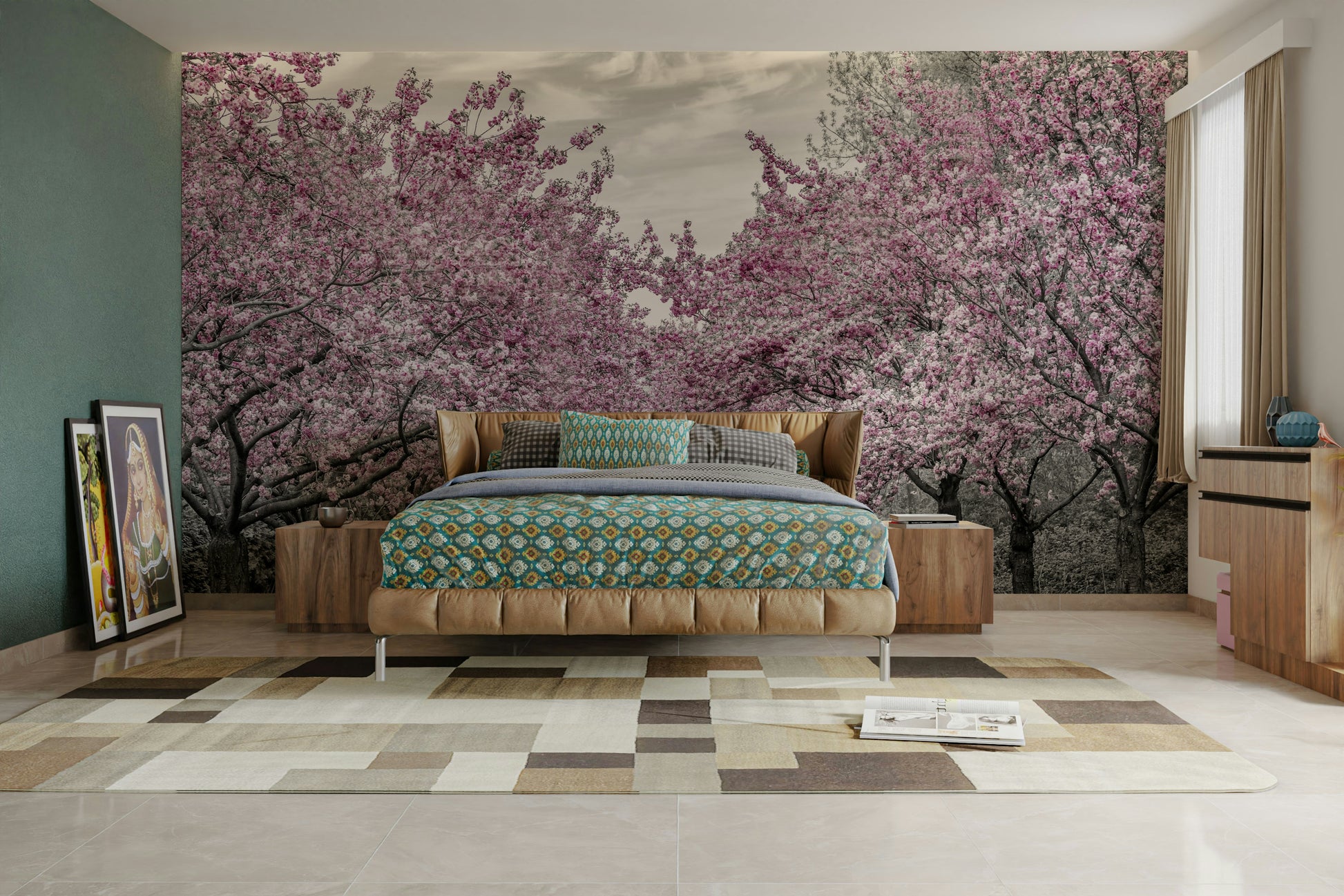 Artistic wall design of a cherry-lined path in springtime.

