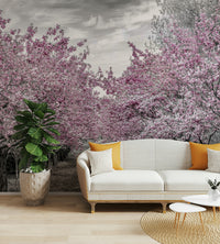 Spring-themed mural showing a floral tunnel of cherry trees.

