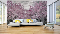 Dreamy cherry blossom alley mural for tranquil interiors.

