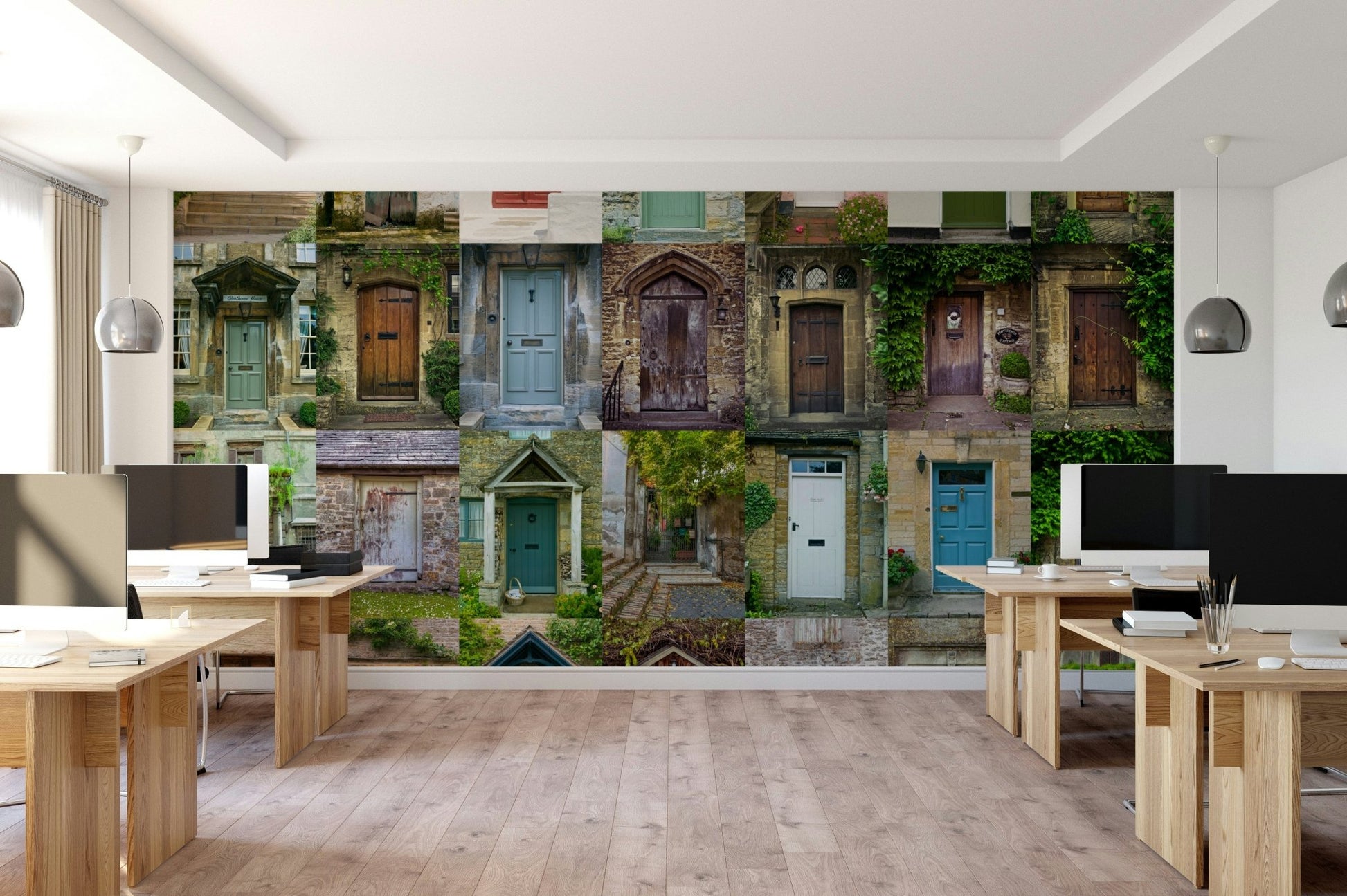 The doors are all different shapes and colors.

