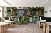 The doors are all different shapes and colors.

