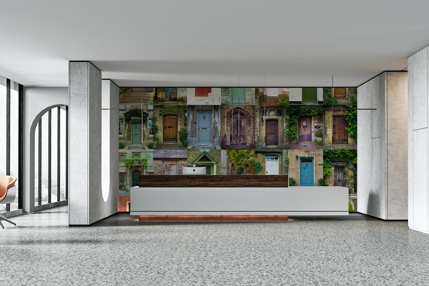 Plants and flowers are growing near the doors.

