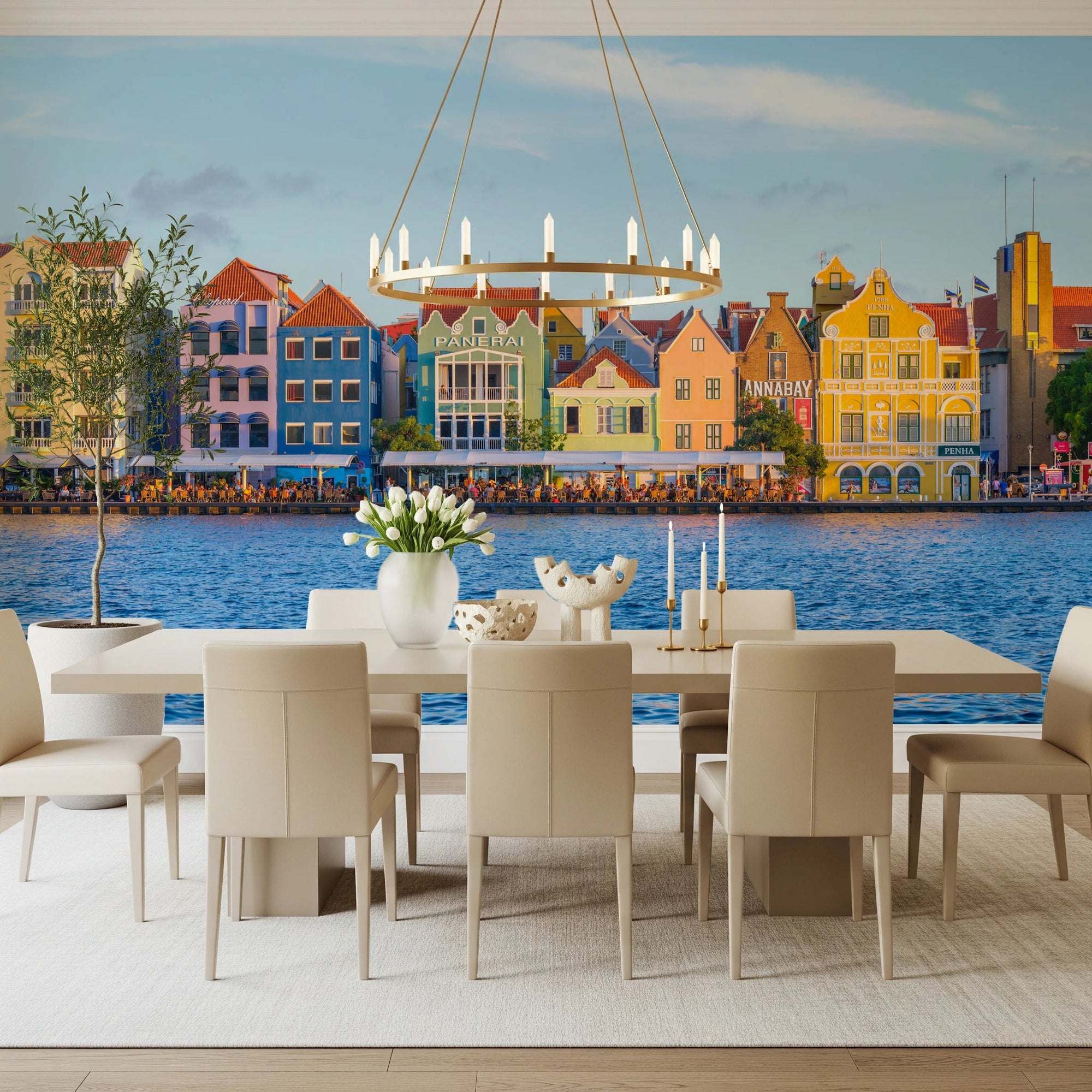 Dining area with Charming Harborfront Buildings Wall Mural and white table seating, GD8852