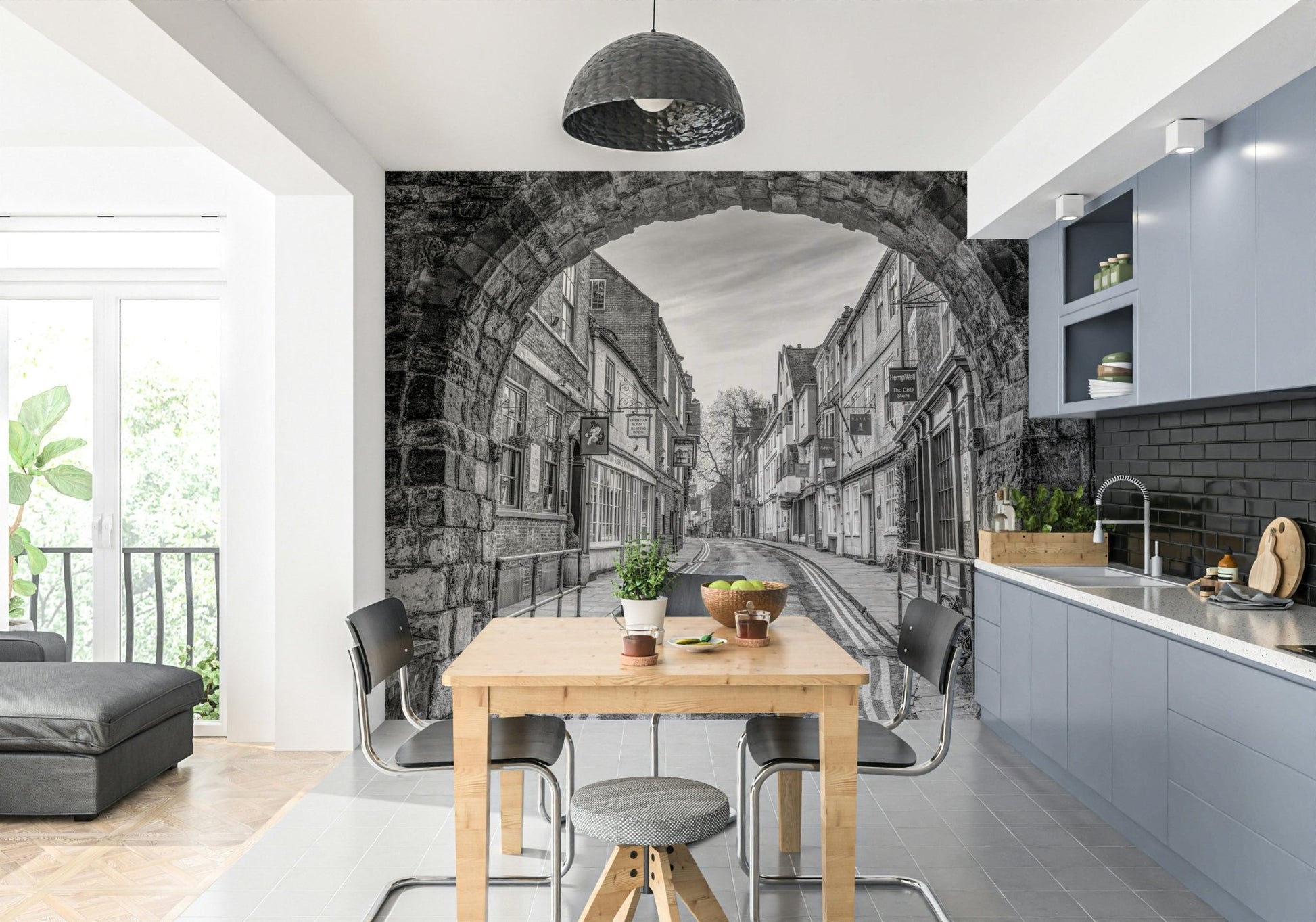 A graceful European street wall mural in timeless tones., GD4718