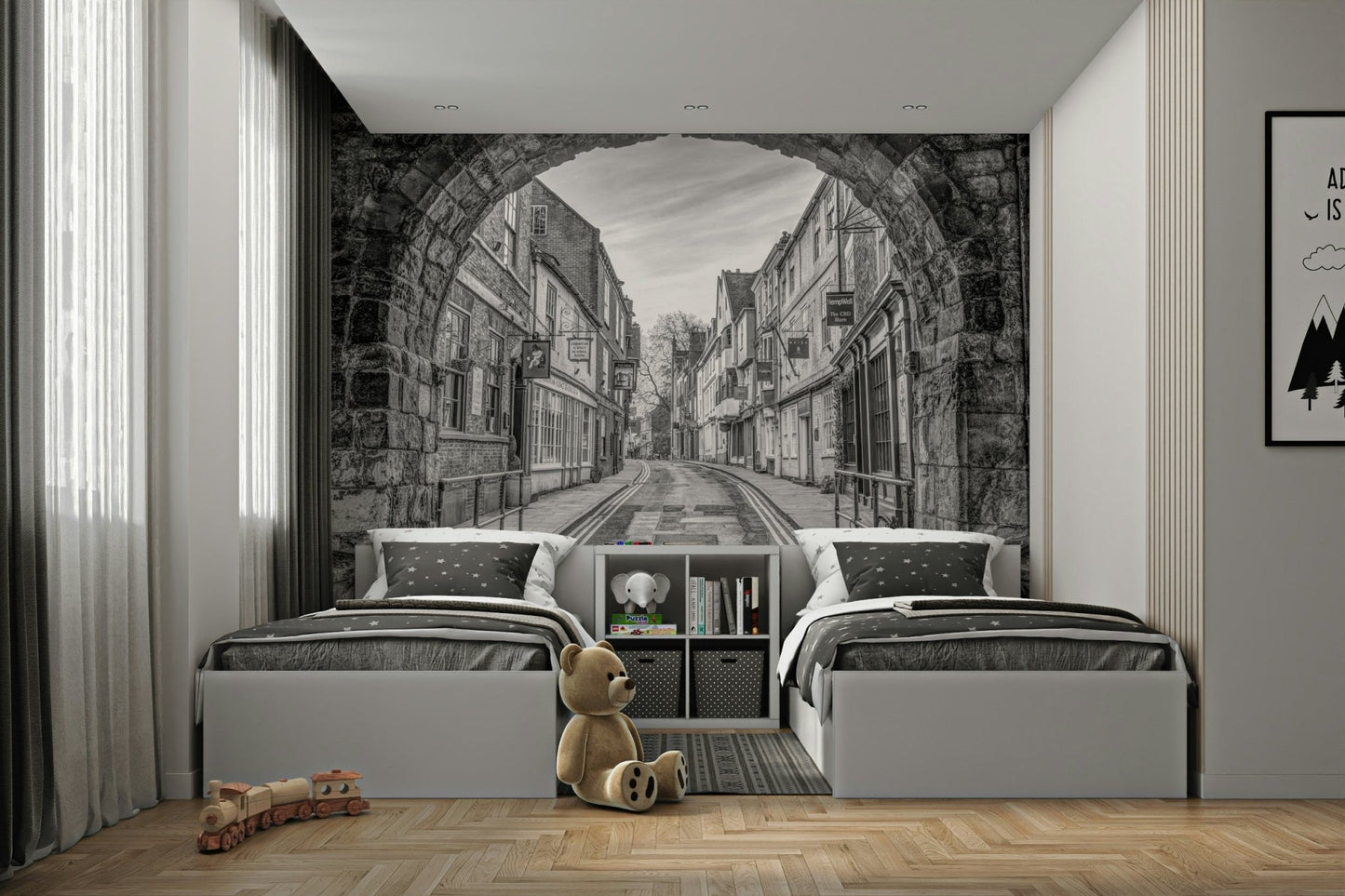 An artistic monochrome arch mural on minimalist wallpaper., GD4718