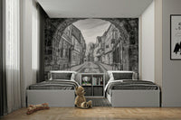 An artistic monochrome arch mural on minimalist wallpaper., GD4718