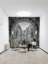 A beautiful stone archway wallpaper mural with a historic street view., GD4718