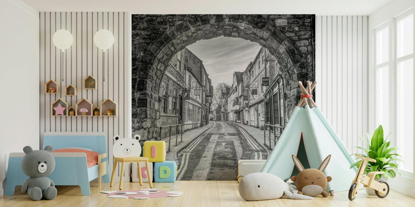 A peaceful stone archway mural on decorative wallpaper., GD4718