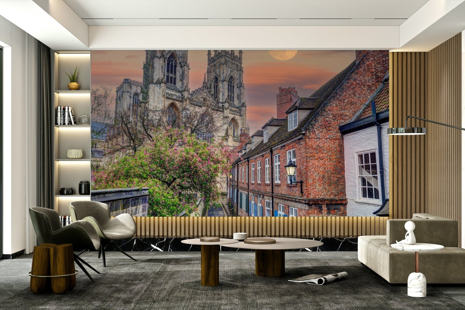 A peaceful charming street mural on decorative wallpaper.

