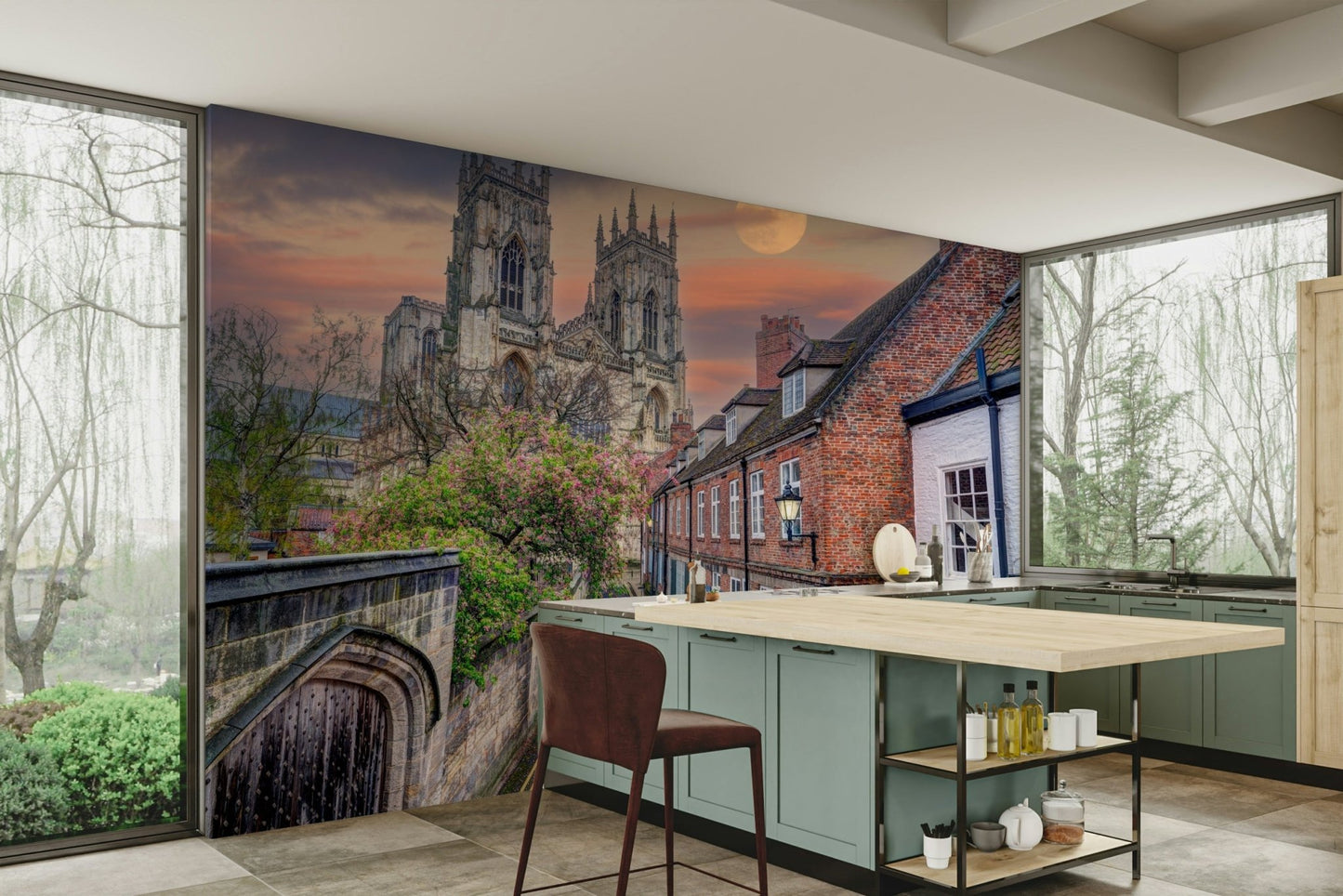 A beautiful cathedral street wall mural for a living room.

