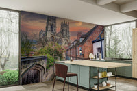 A beautiful cathedral street wall mural for a living room.

