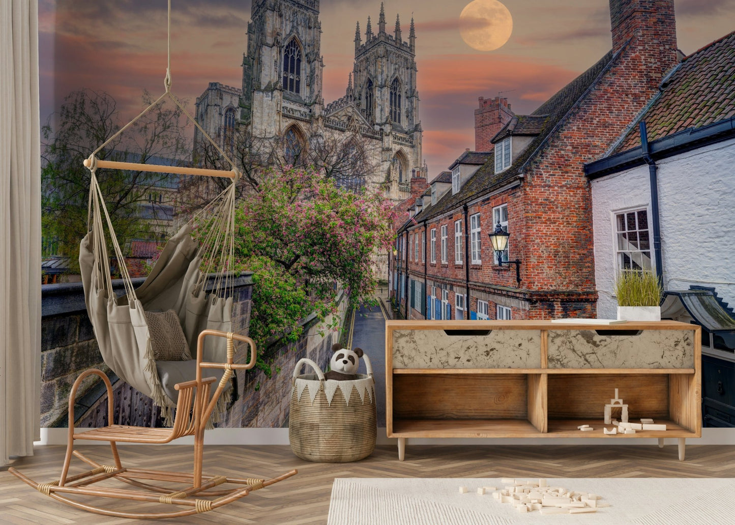 An artistic historic town mural for home decor.

