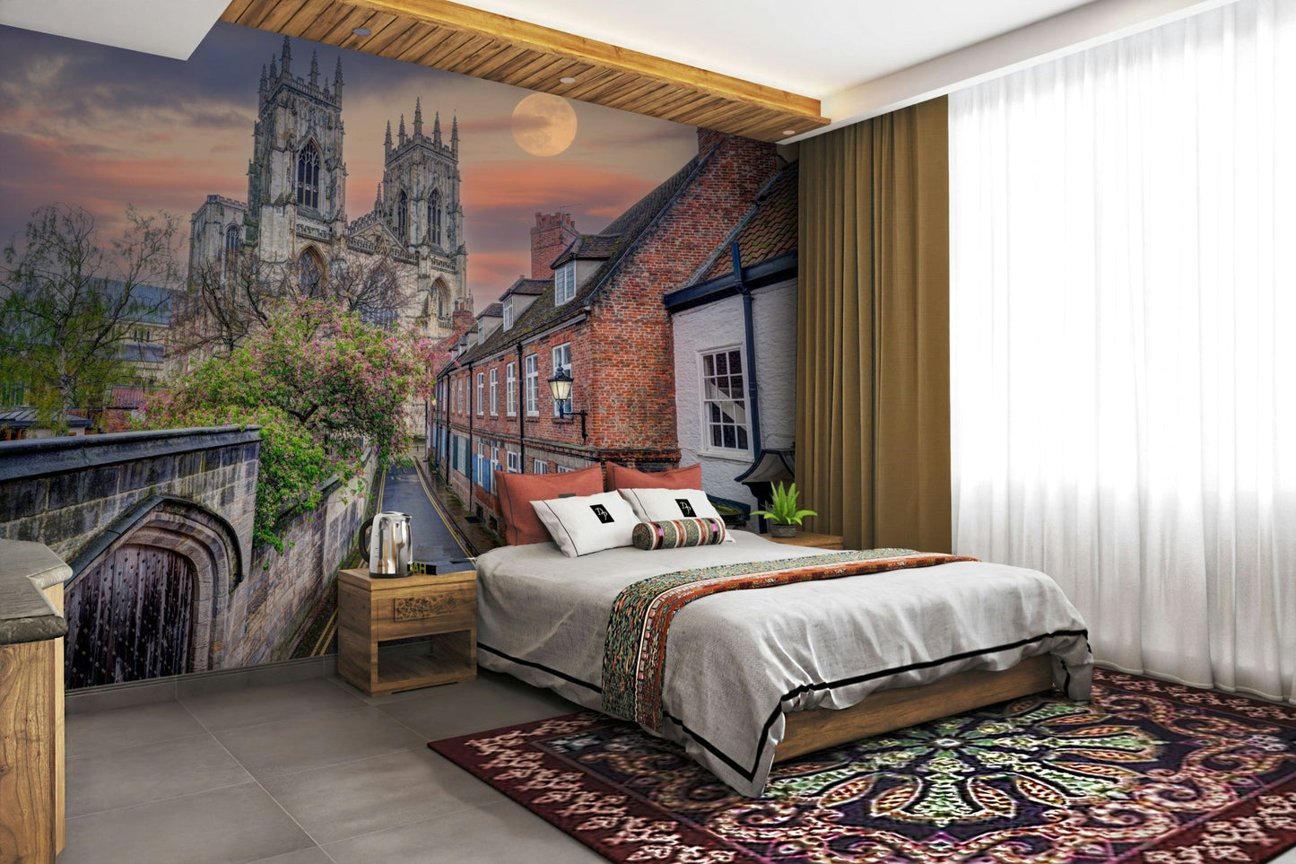 A graceful old town scene wall mural in dramatic tones.

