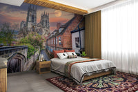 A graceful old town scene wall mural in dramatic tones.

