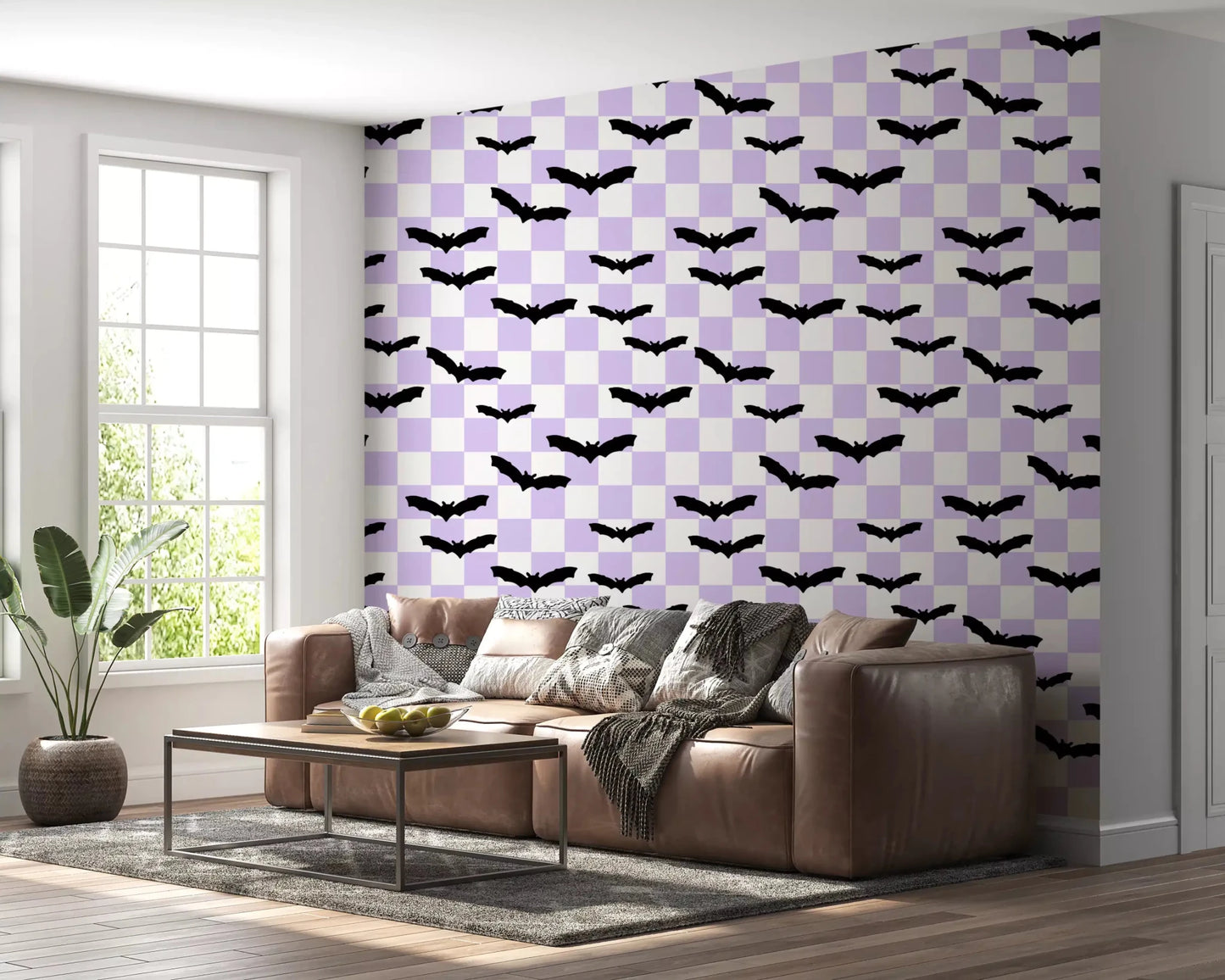 Lounge area accented by Checkered Bats in Purple wall mural⁠GD9460