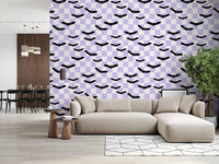 Dark bat silhouettes flying across purple check wallpaperD9460