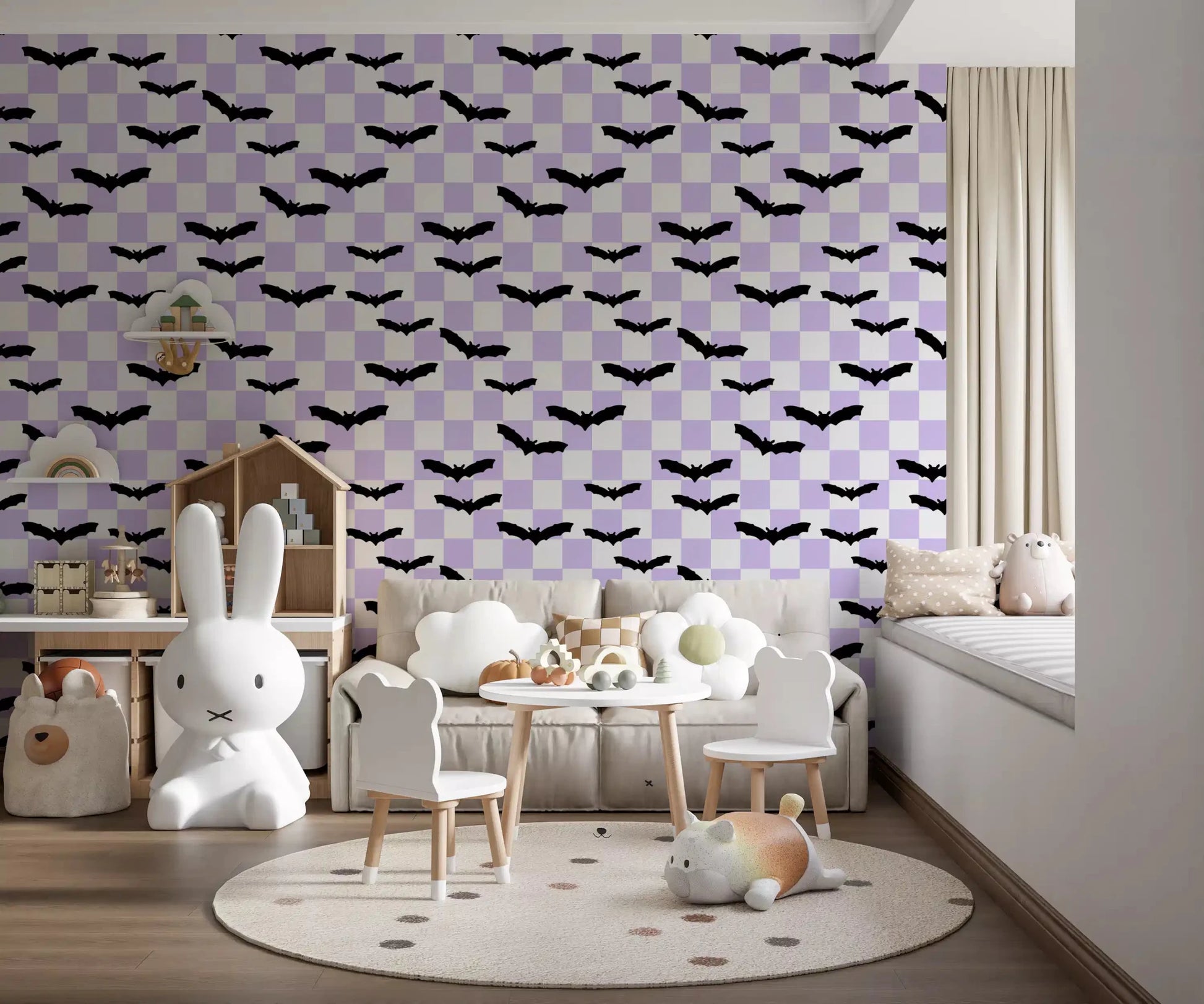 Flying black bats pattern on this purple checkered wallpaperGD9460