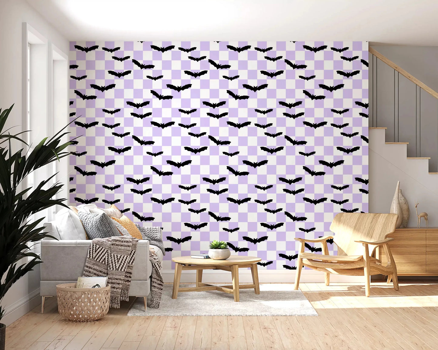 Hallway decorated with Checkered Bats in Purple wall mural⁠GD9460
