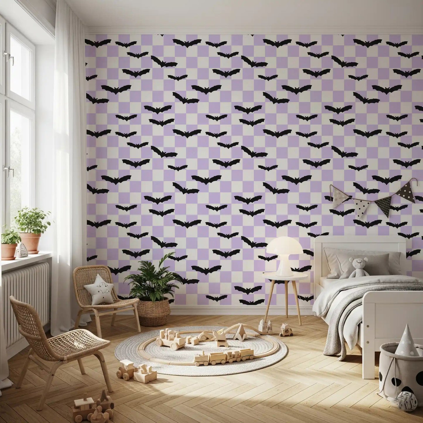 Bedroom showcasing the Checkered Bats purple wallpaperGD9460