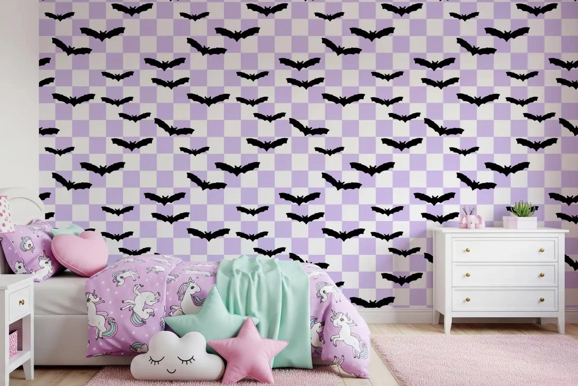Kids room featuring Checkered Bats in Purple wallpaperGD9460