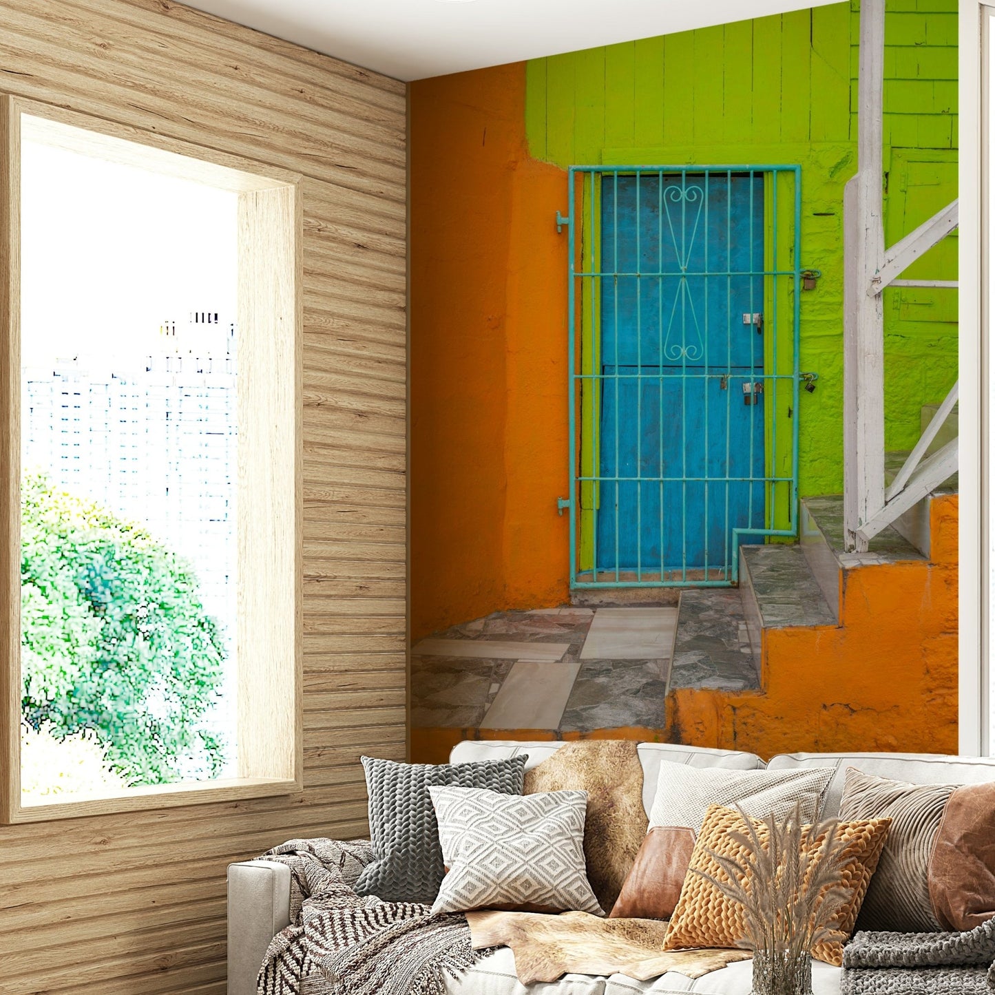 A peaceful vibrant exterior mural on decorative wallpaper.

