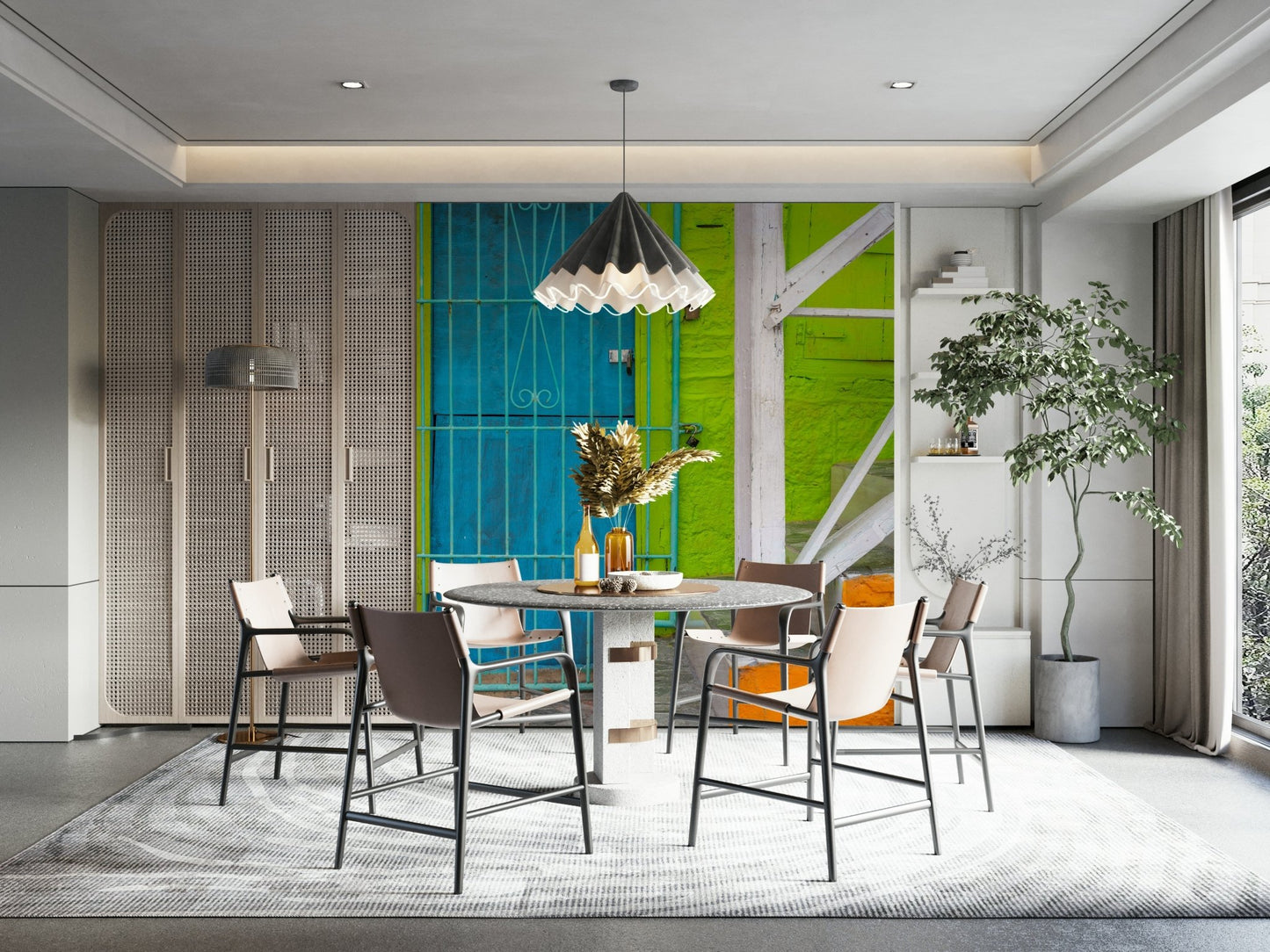 An artistic bright entryway mural on minimalist wallpaper.

