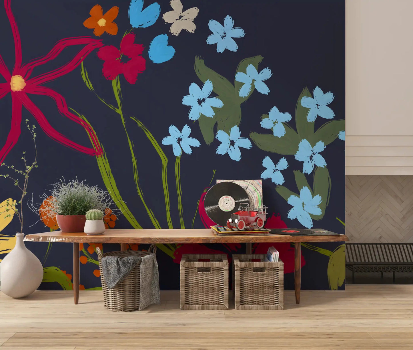 Cheerful Floral Summer Wall Mural in a rustic lounge with wood seating and cactus styling