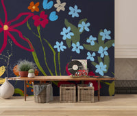 Cheerful Floral Summer Wall Mural in a rustic lounge with wood seating and cactus styling