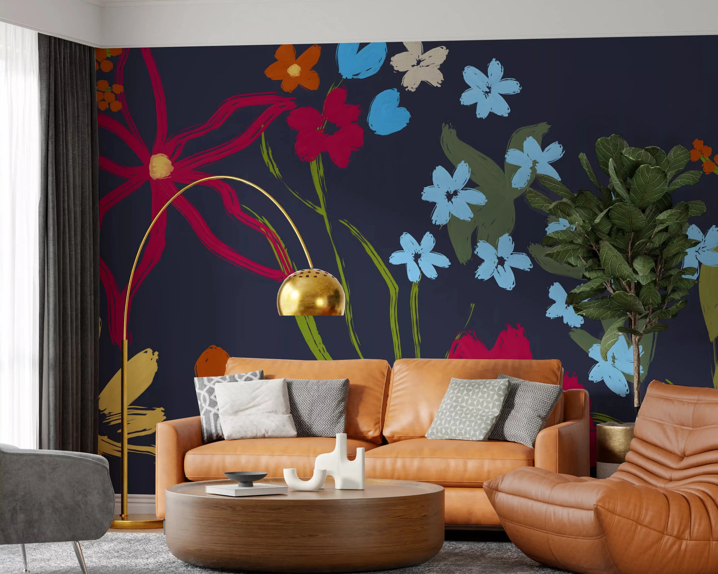 Curved sofa room styled with Cheerful Floral Summer Wall Mural in warm daylight