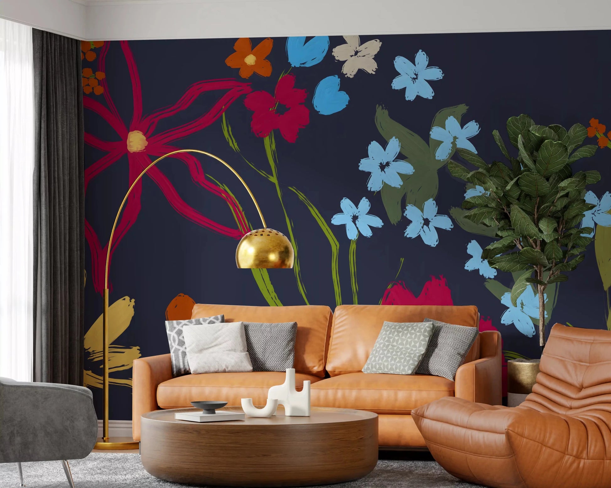 Curved sofa room styled with Cheerful Floral Summer Wall Mural in warm daylight