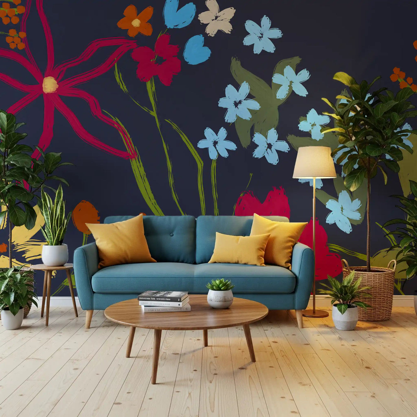 Cheerful Floral Summer Wall Mural behind a blue sofa in a bright living room