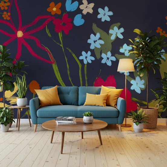Cheerful Floral Summer Wall Mural behind a blue sofa in a bright living room, GD8923