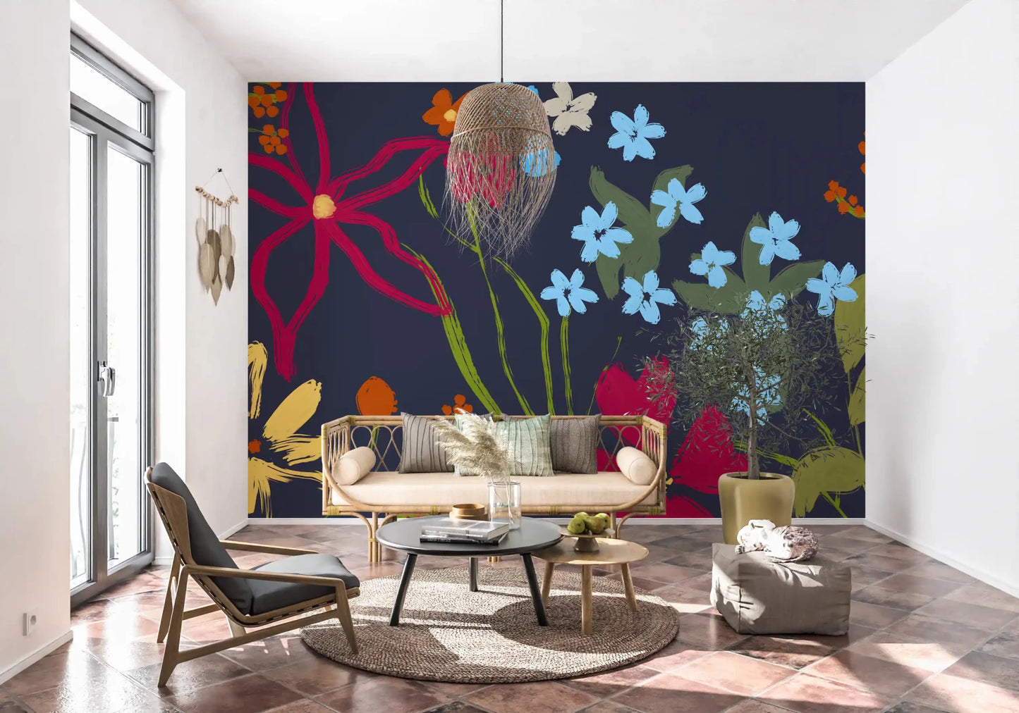 Sloped attic room featuring Cheerful Floral Summer Wall Mural on the angled wall