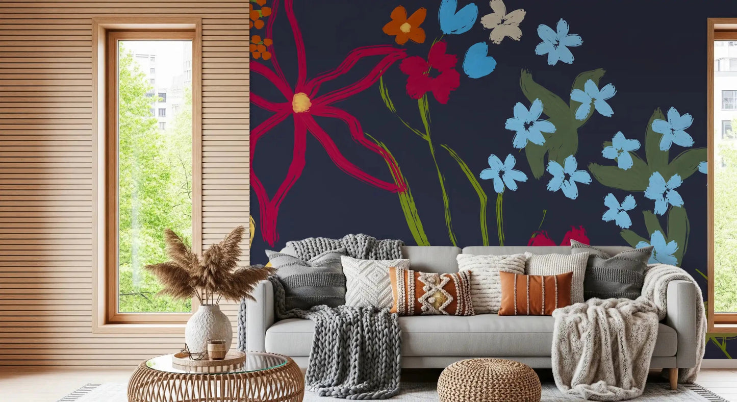 Sunlit sitting area with Cheerful Floral Summer Wall Mural and soft neutral seating
