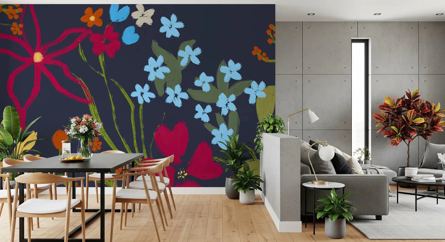 Cheerful Floral Summer Wall Mural beside a vanity in a bright Dining room 
