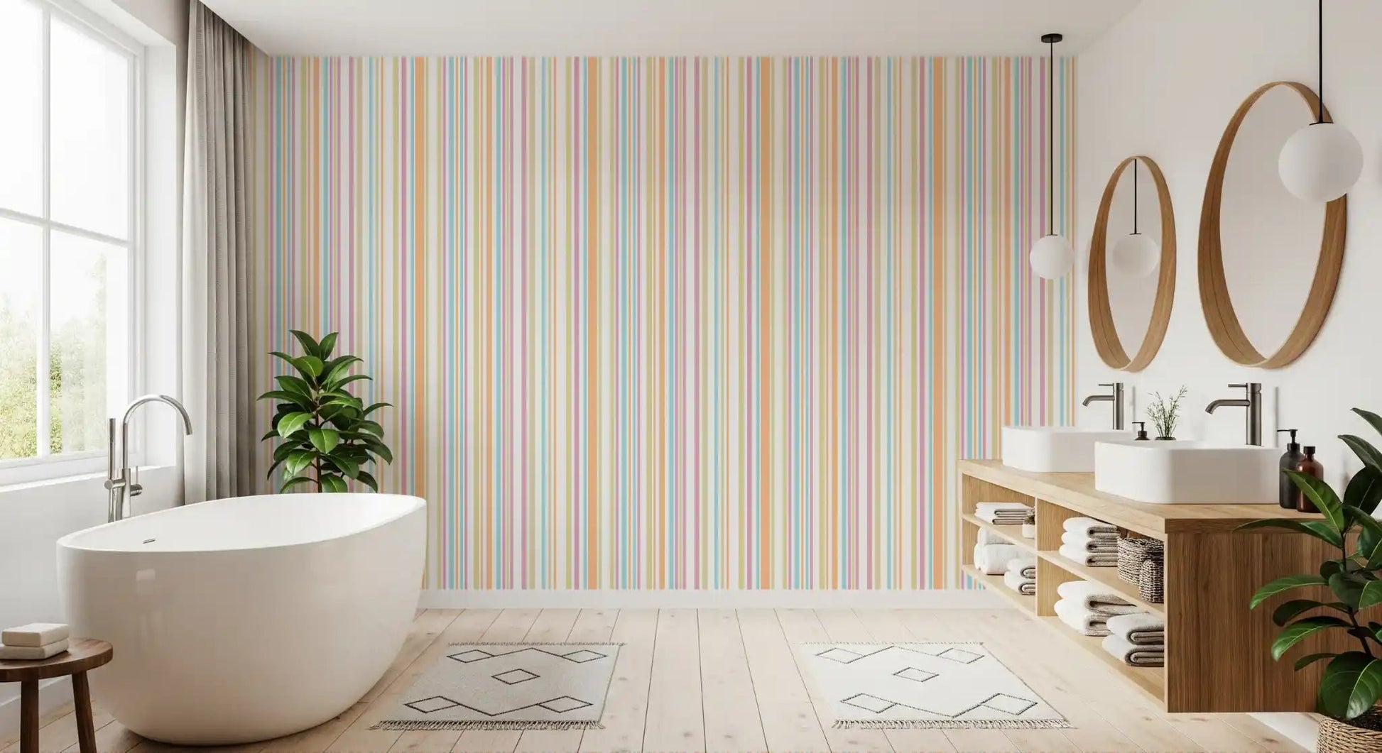 Rainbow Wallpaper with slim pastel bands and neat vertical rhythm